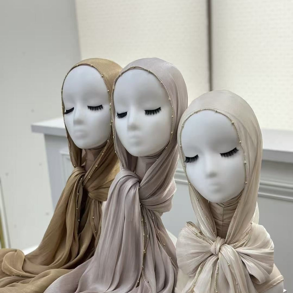 Gold Chain Beaded Edge Crinkle Satin Hijab(MH238)
