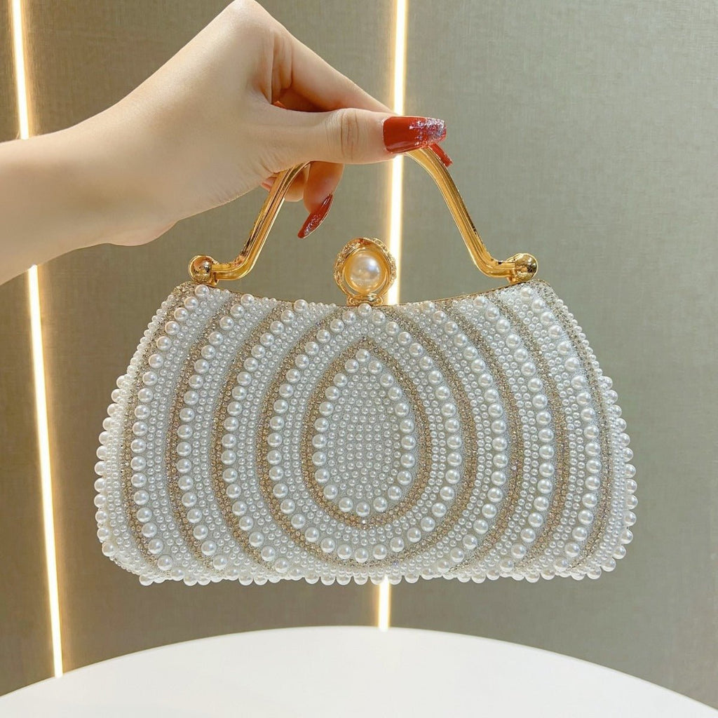 Gold-Framed Diamond Accent Pearl-Encrusted Dinner Bag with Chain Strap (MAC249)