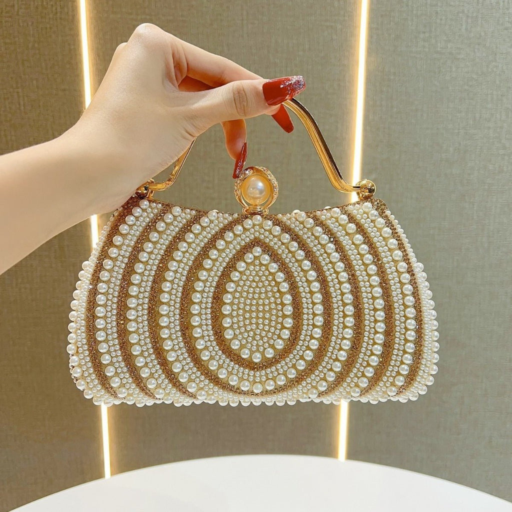 Gold-Framed Diamond Accent Pearl-Encrusted Dinner Bag with Chain Strap (MAC249)