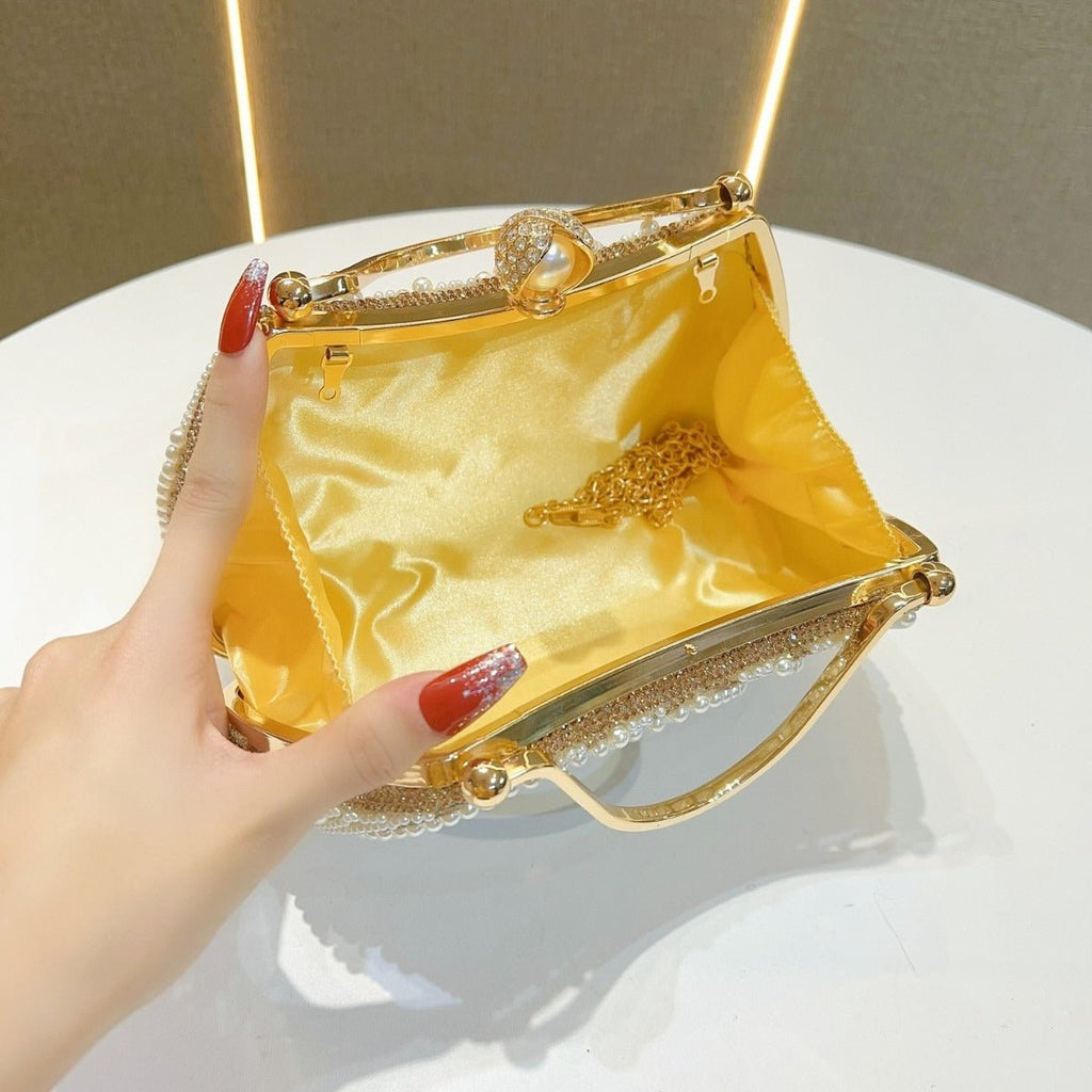 Gold-Framed Diamond Accent Pearl-Encrusted Dinner Bag with Chain Strap (MAC249)