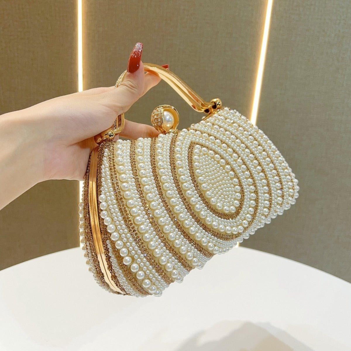 Gold-Framed Diamond Accent Pearl-Encrusted Dinner Bag with Chain Strap (MAC249)
