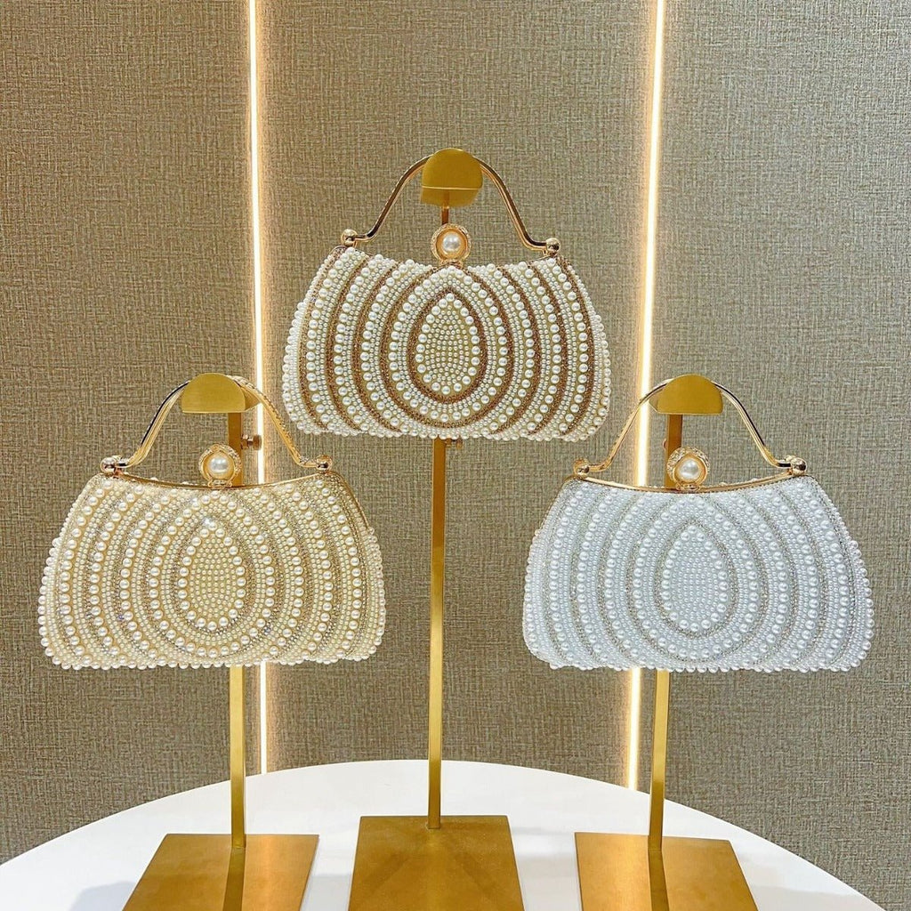 Gold-Framed Diamond Accent Pearl-Encrusted Dinner Bag with Chain Strap (MAC249)