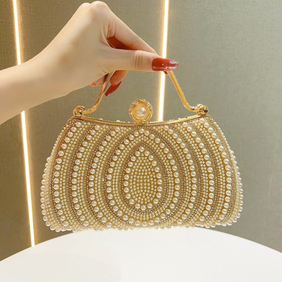 Gold-Framed Diamond Accent Pearl-Encrusted Dinner Bag with Chain Strap (MAC249)