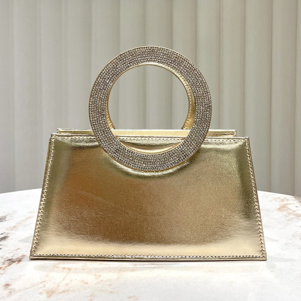 Gold Reflective Evening Clutch with Diamond-Studded Circular Handle (MAC294)