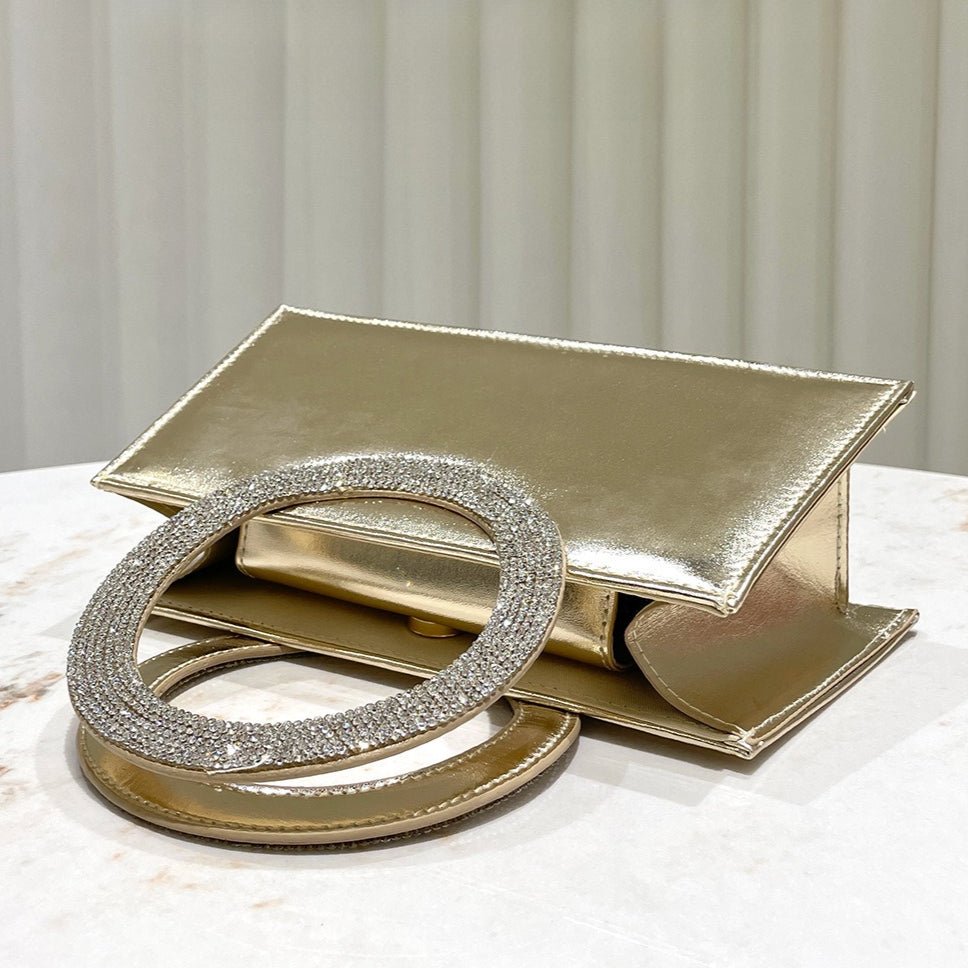 Gold Reflective Evening Clutch with Diamond-Studded Circular Handle (MAC294)