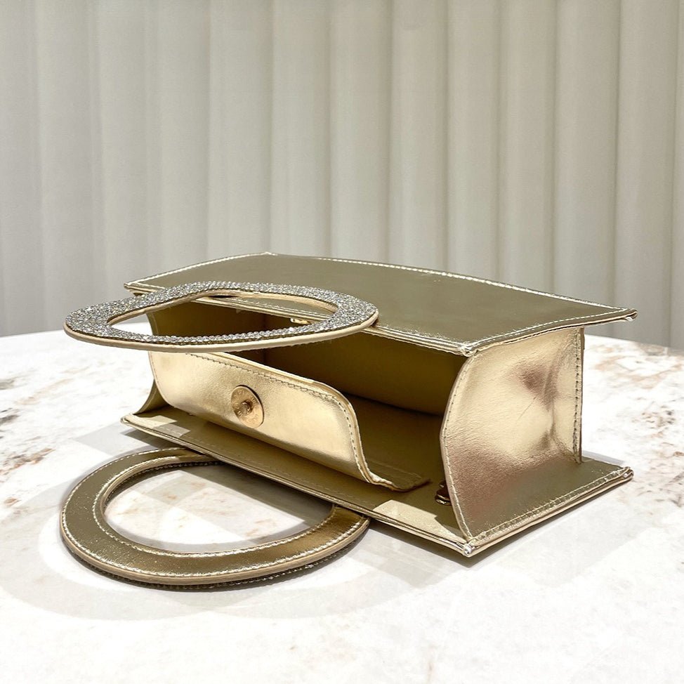 Gold Reflective Evening Clutch with Diamond-Studded Circular Handle (MAC294)
