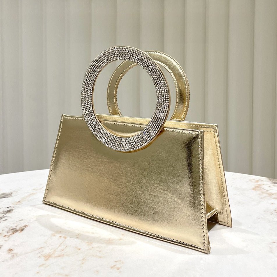 Gold Reflective Evening Clutch with Diamond-Studded Circular Handle (MAC294)