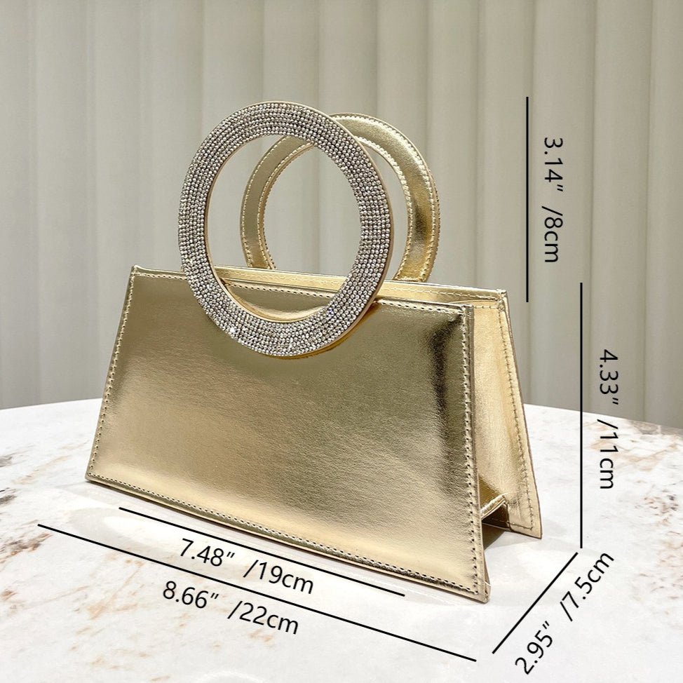 Gold Reflective Evening Clutch with Diamond-Studded Circular Handle (MAC294)