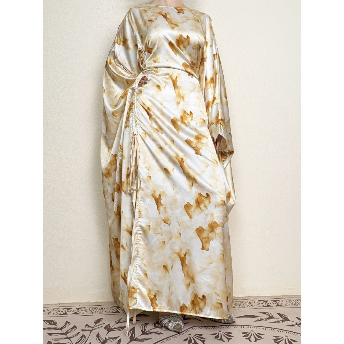 Golden Marble Print Satin Dress | Bell Sleeve Maxi with Adjustable Drawstring Waist (MA244)