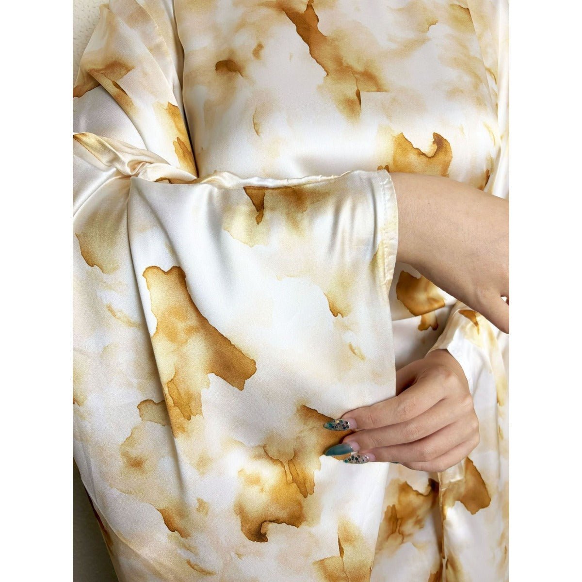 Golden Marble Print Satin Dress | Bell Sleeve Maxi with Adjustable Drawstring Waist (MA244)