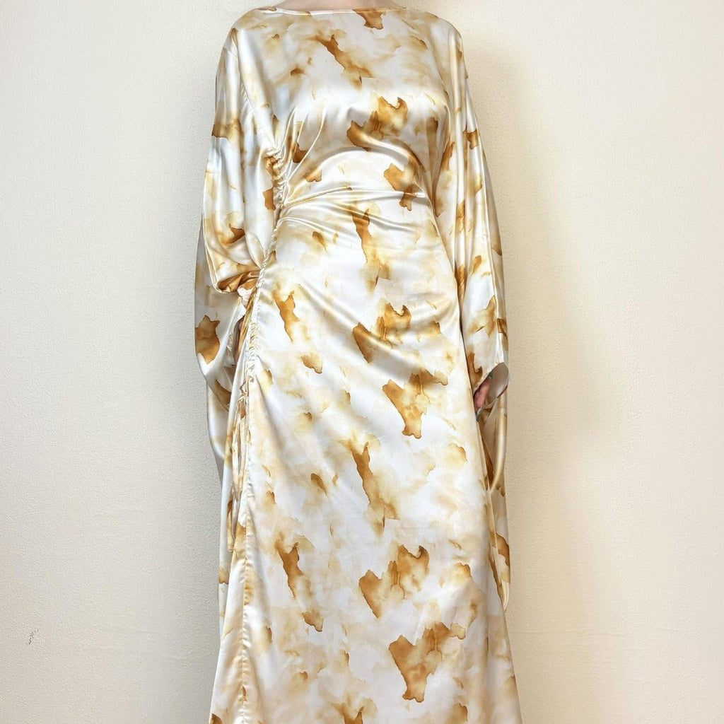 Golden Marble Print Satin Dress | Bell Sleeve Maxi with Adjustable Drawstring Waist (MA244)