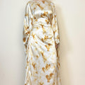 Golden Marble Print Satin Dress | Bell Sleeve Maxi with Adjustable Drawstring Waist (MA244)