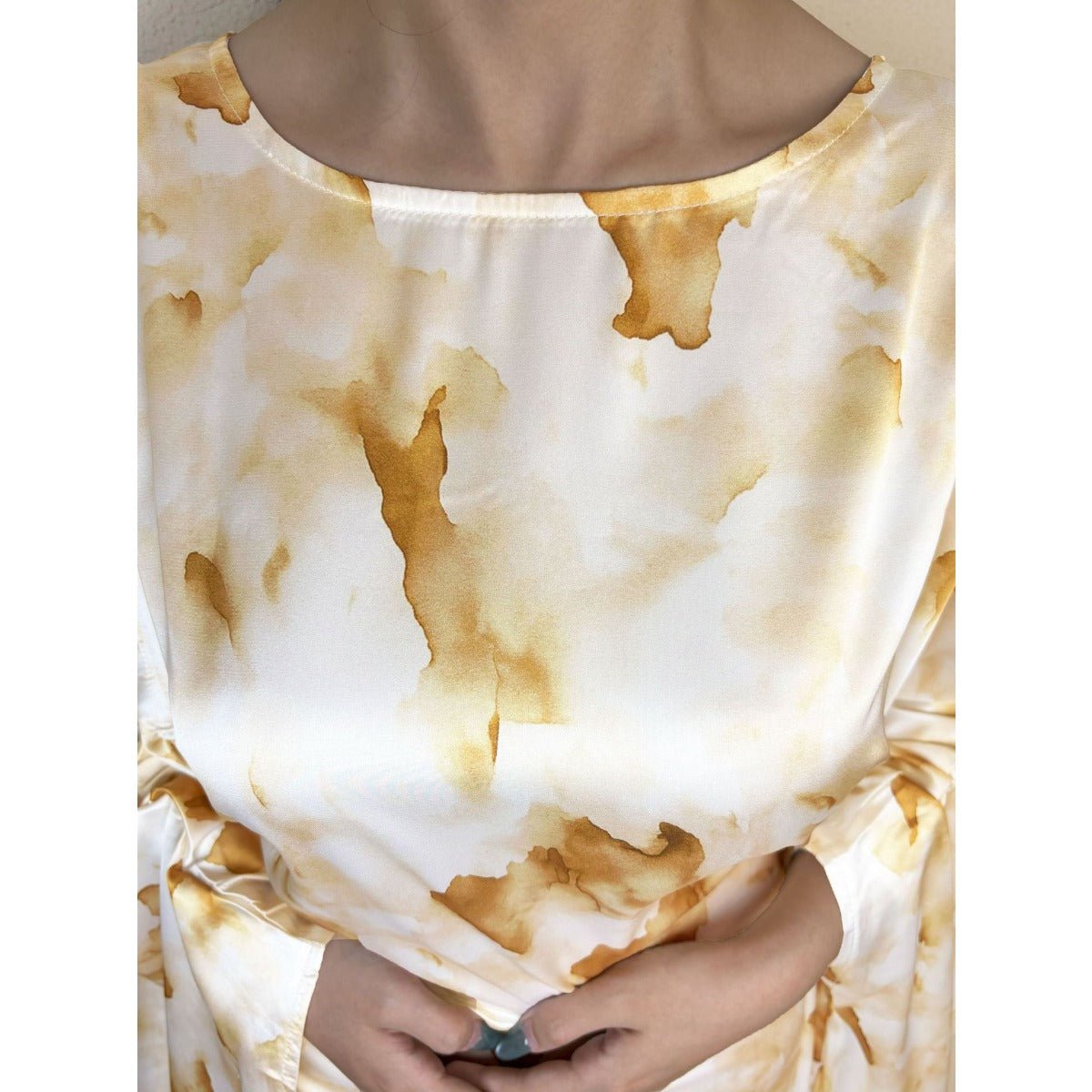 Golden Marble Print Satin Dress | Bell Sleeve Maxi with Adjustable Drawstring Waist (MA244)