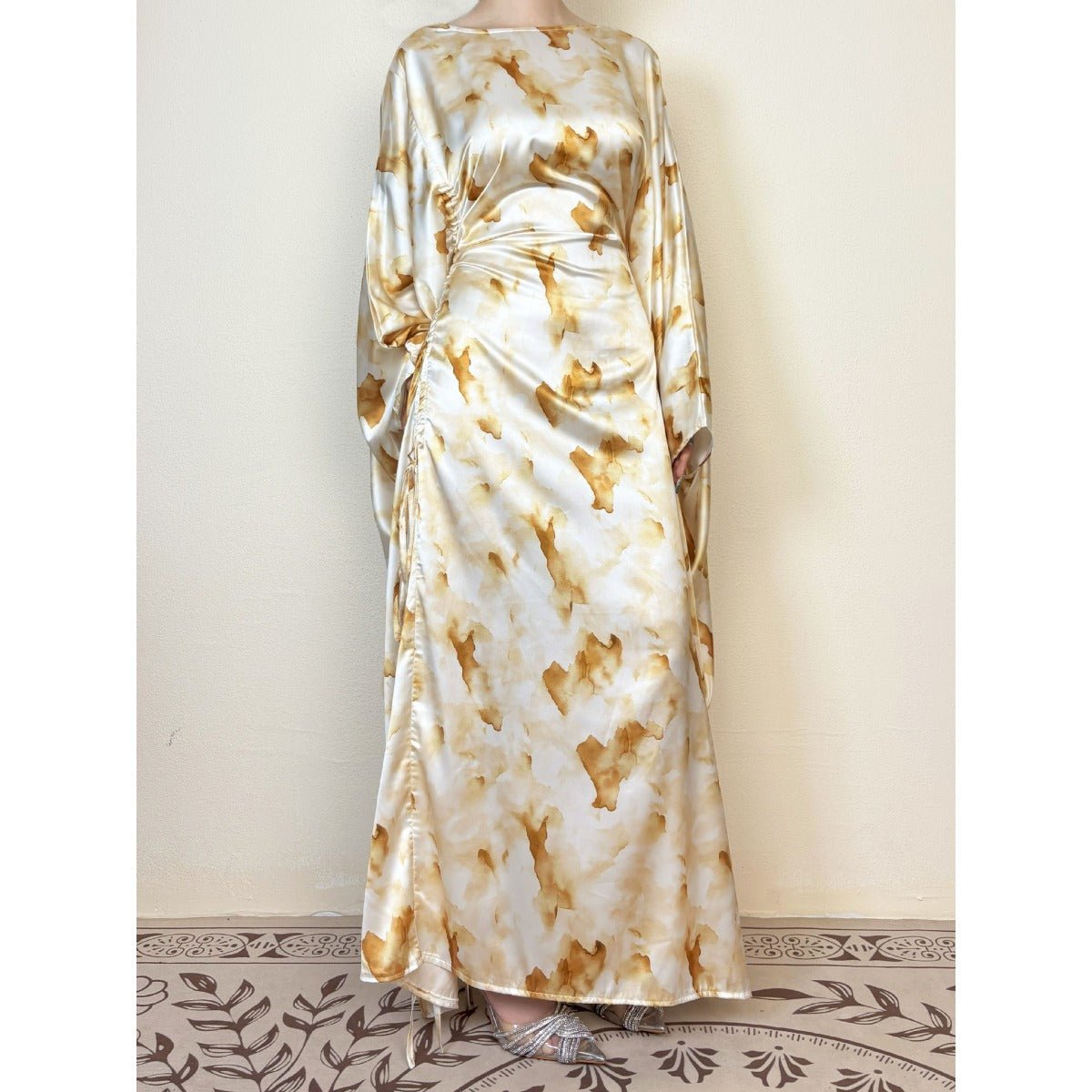 Golden Marble Print Satin Dress | Bell Sleeve Maxi with Adjustable Drawstring Waist (MA244)