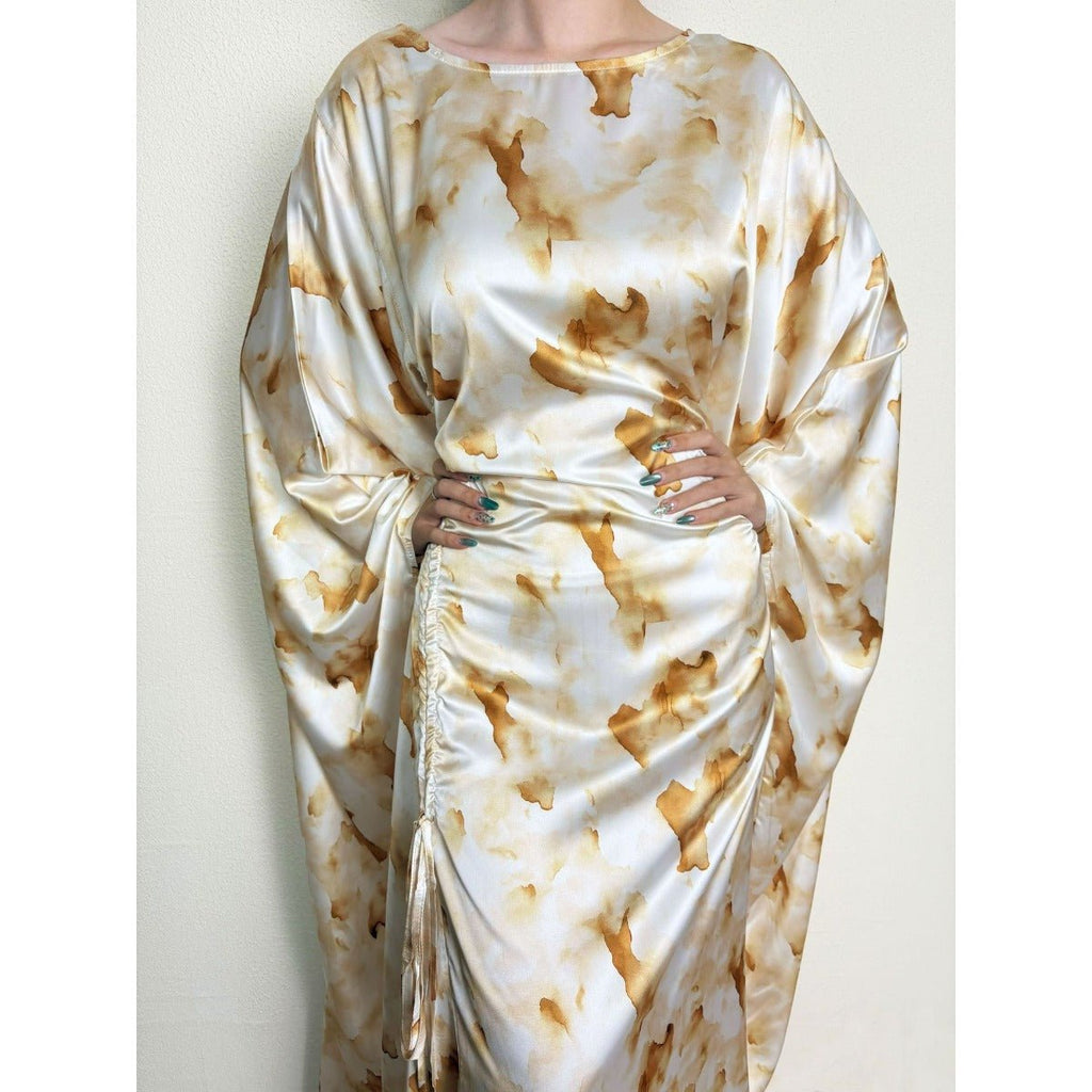 Golden Marble Print Satin Dress | Bell Sleeve Maxi with Adjustable Drawstring Waist (MA244)