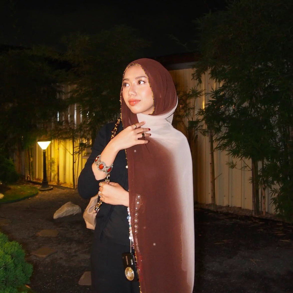 Gradient Colour Pearl Chiffon Beaded Chain Hijab (MH137)
