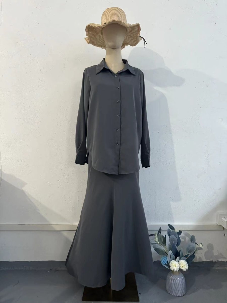 Grey Loose Long Sleeve Shirt & Elastic Waist Fish Tail Skirt Outfit Casual Two-Piece Set(MA207)