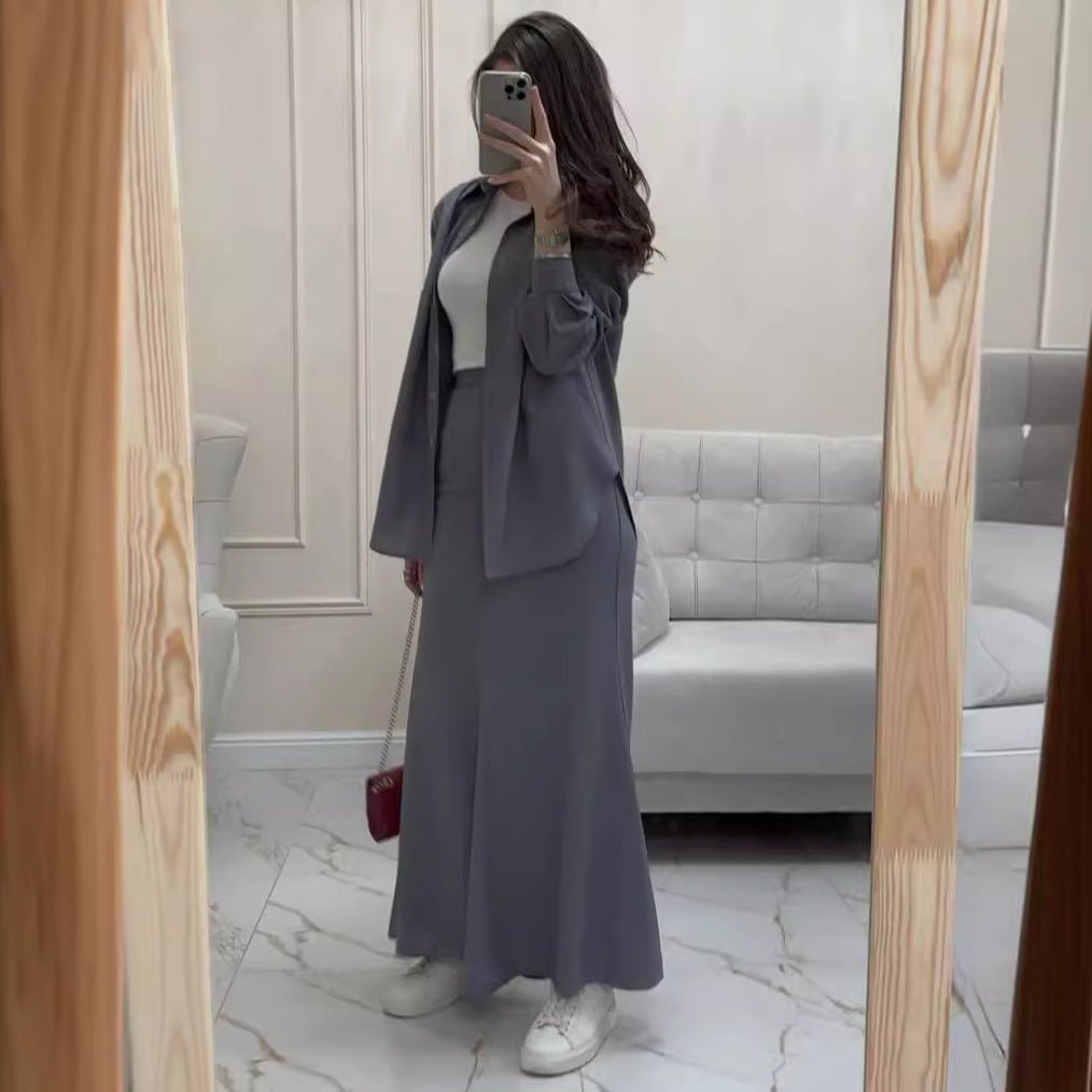 Grey Loose Long Sleeve Shirt & Elastic Waist Fish Tail Skirt Outfit Casual Two-Piece Set(MA207)