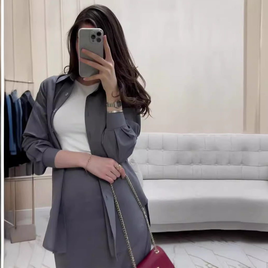 Grey Loose Long Sleeve Shirt & Elastic Waist Fish Tail Skirt Outfit Casual Two-Piece Set(MA207)