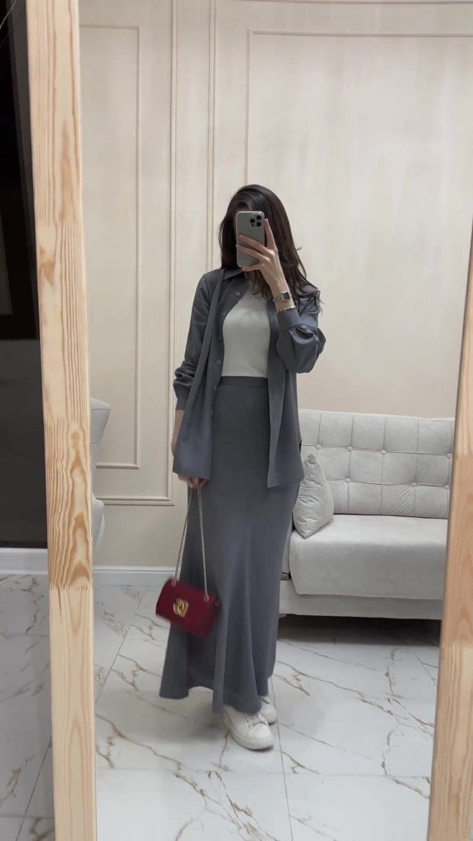 Grey Loose Long Sleeve Shirt & Elastic Waist Fish Tail Skirt Outfit Casual Two-Piece Set(MA207)