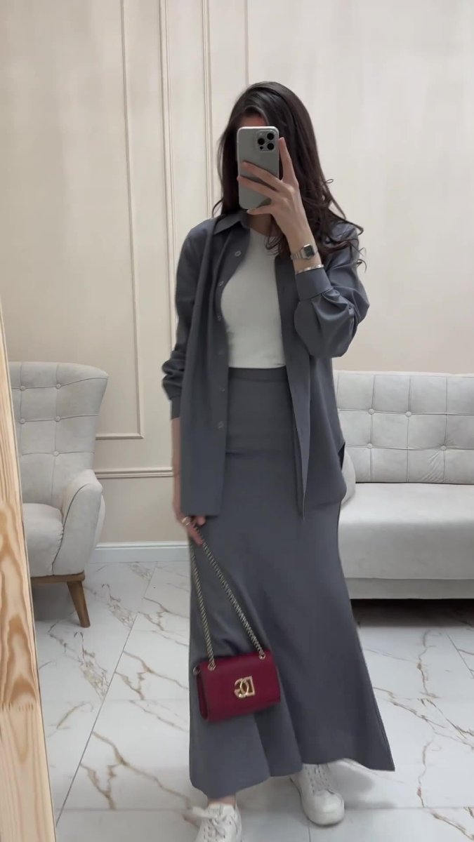 Grey Loose Long Sleeve Shirt & Elastic Waist Fish Tail Skirt Outfit Casual Two-Piece Set(MA207)