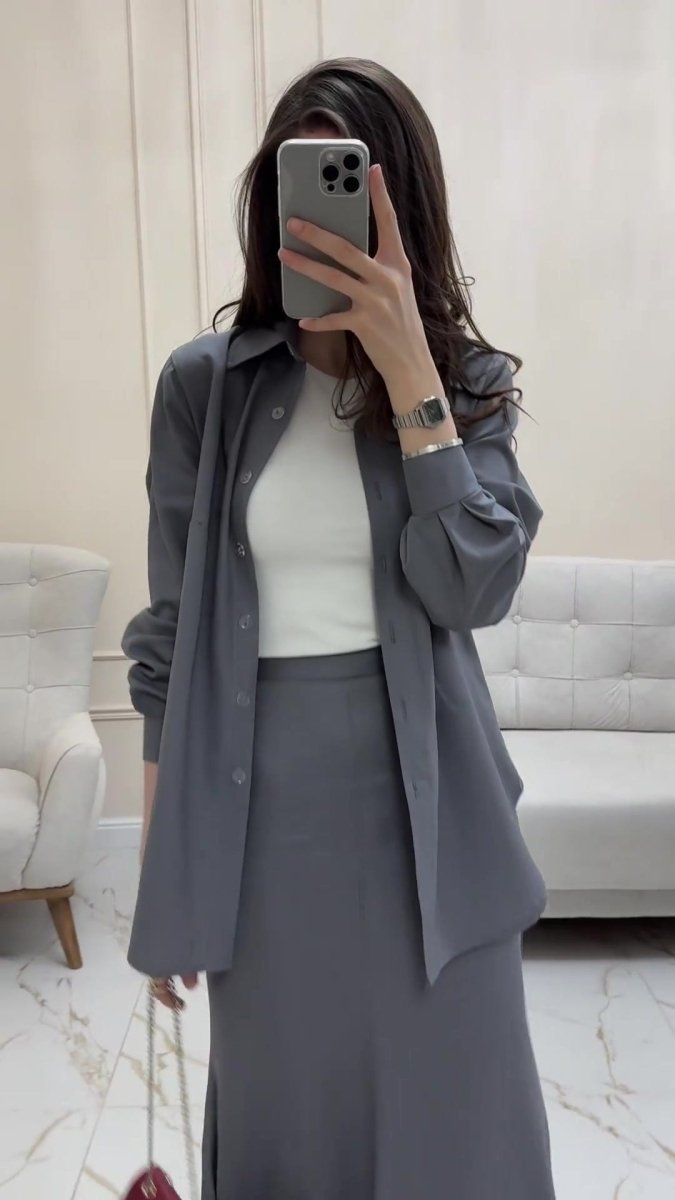 Grey Loose Long Sleeve Shirt & Elastic Waist Fish Tail Skirt Outfit Casual Two-Piece Set(MA207)