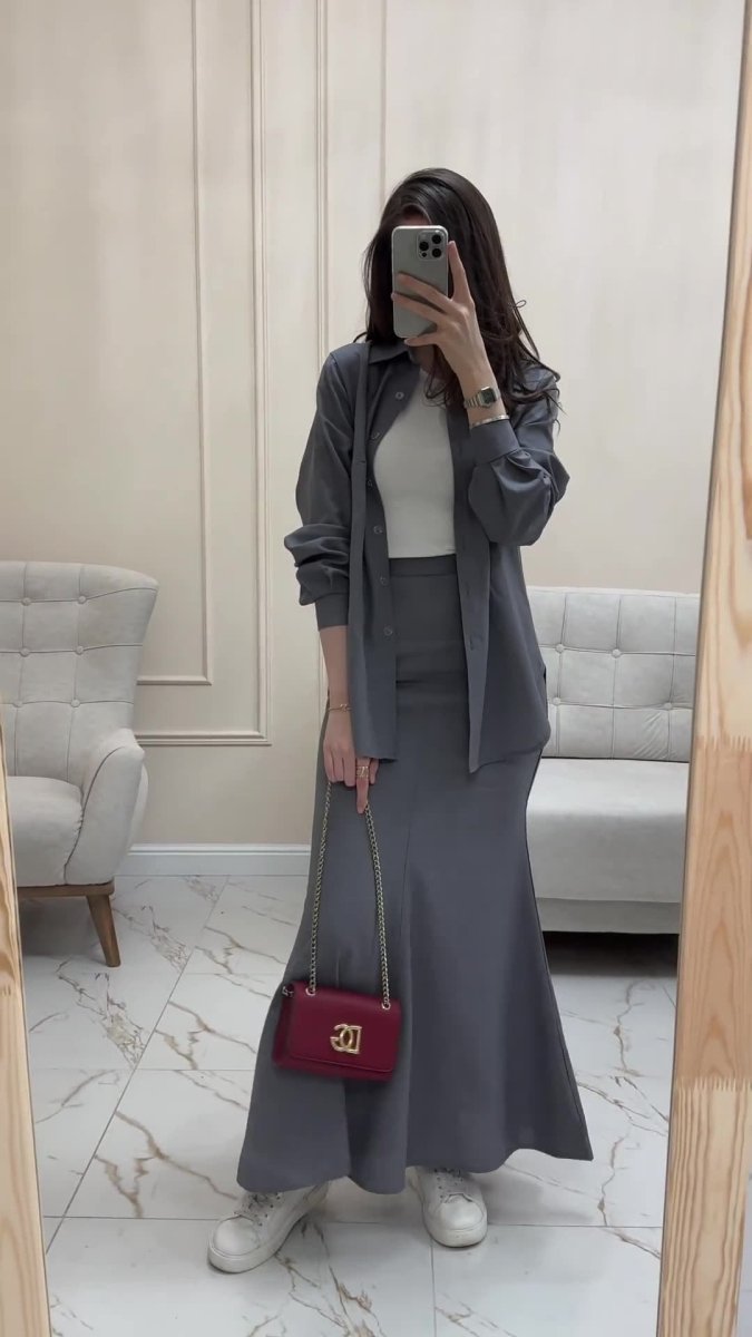 Grey Loose Long Sleeve Shirt & Elastic Waist Fish Tail Skirt Outfit Casual Two-Piece Set(MA207)