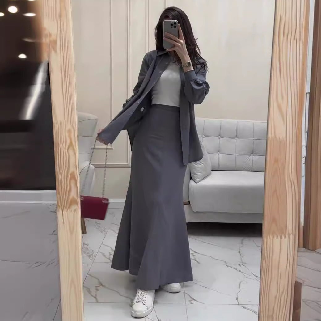 Grey Loose Long Sleeve Shirt & Elastic Waist Fish Tail Skirt Outfit Casual Two-Piece Set(MA207)