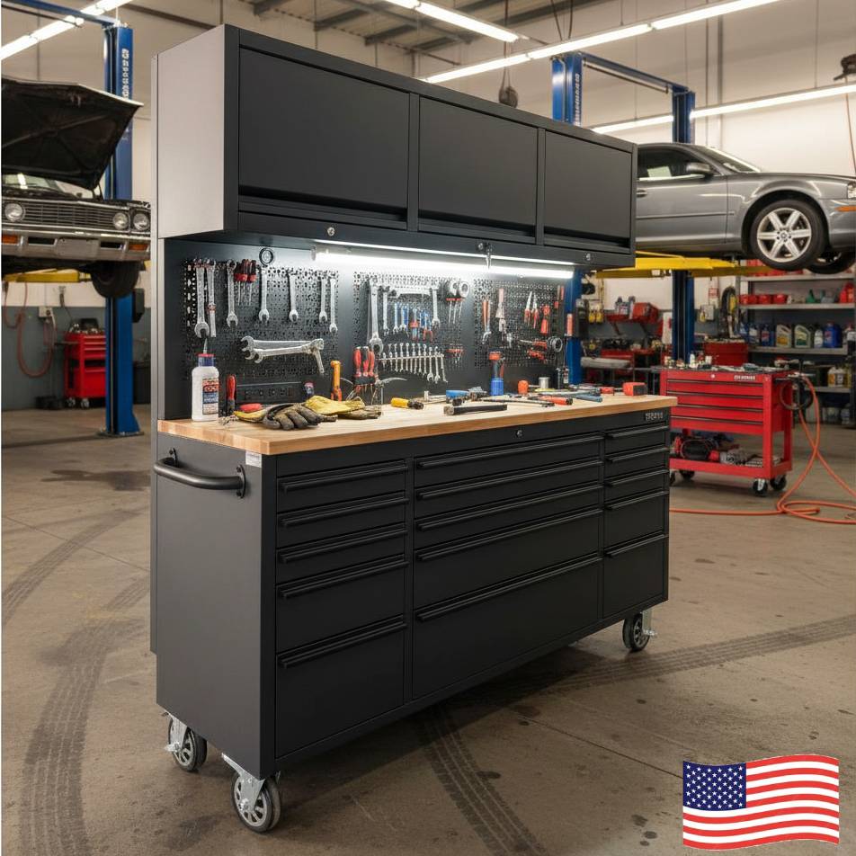 72 inch Rolling Tool Chest with Light & Power Strips, Workbench, Upper Cabinets & Pegboard