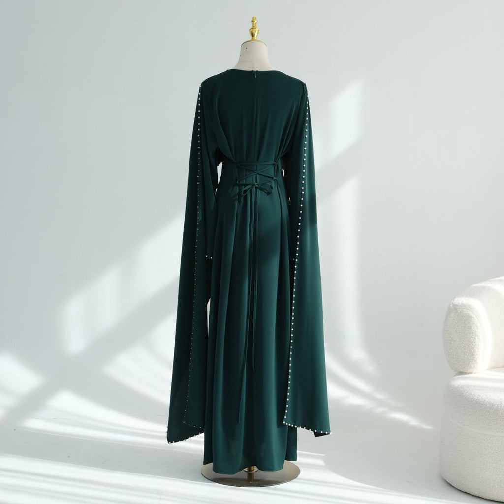 Hand-Beaded Pearl Cape Sleeve Nida Maxi Dress(MS439)