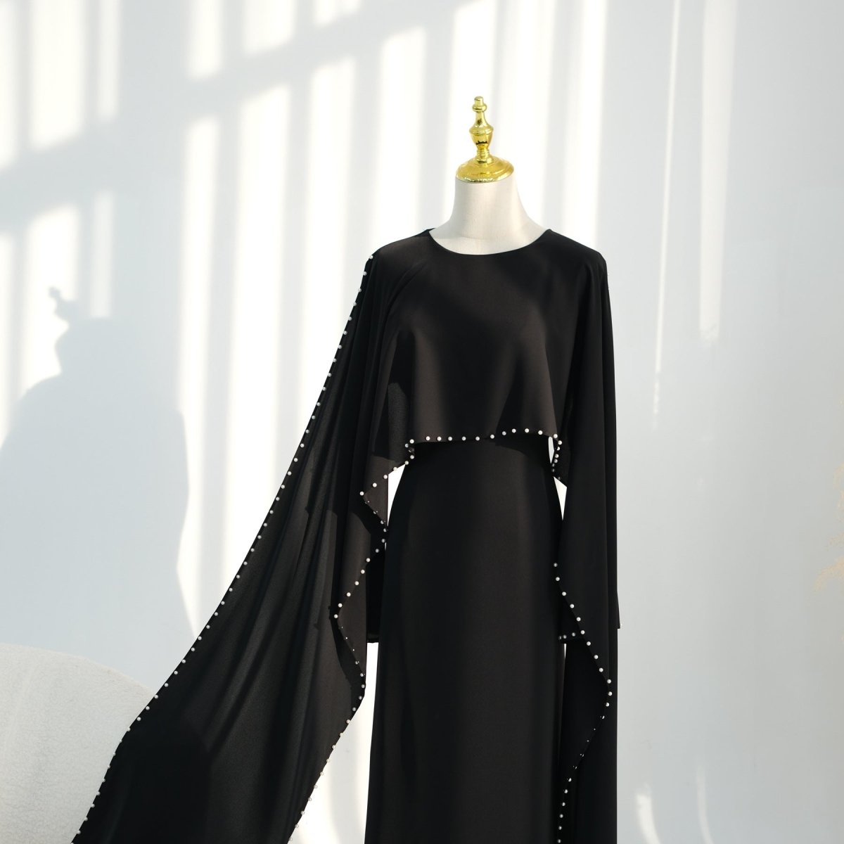 Hand-Beaded Pearl Cape Sleeve Nida Maxi Dress(MS439)
