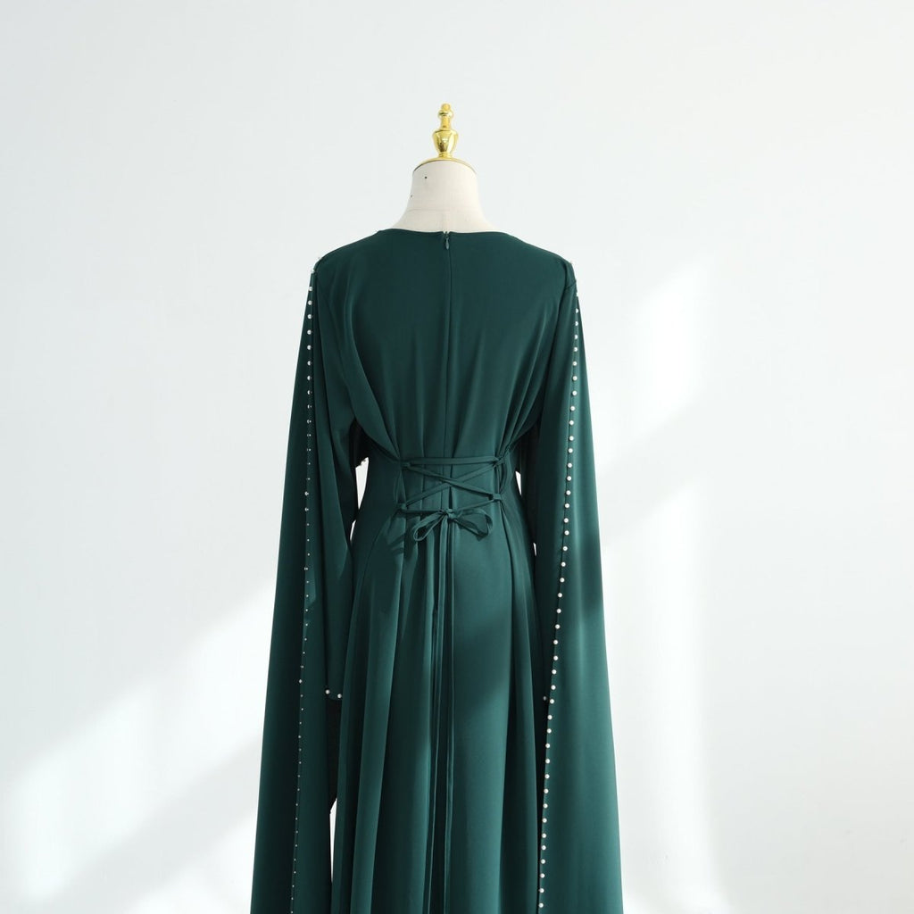 Hand-Beaded Pearl Cape Sleeve Nida Maxi Dress(MS439)