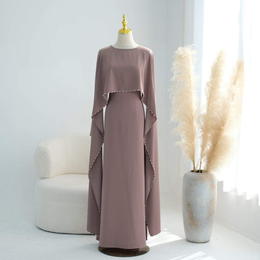 Hand-Beaded Pearl Cape Sleeve Nida Maxi Dress(MS439)