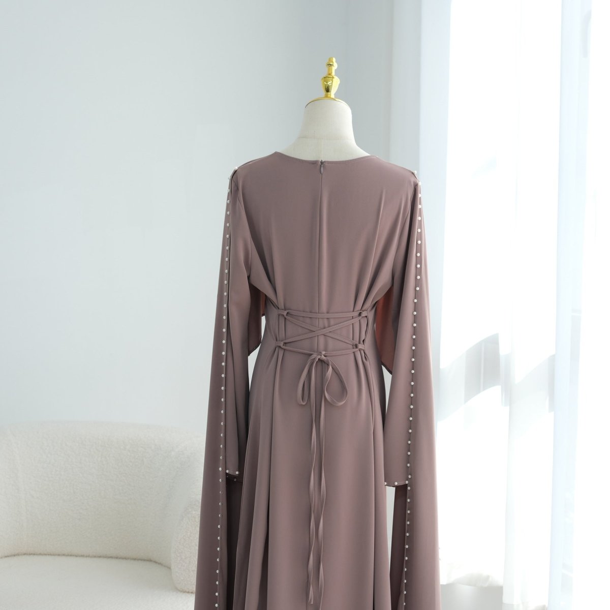 Hand-Beaded Pearl Cape Sleeve Nida Maxi Dress(MS439)