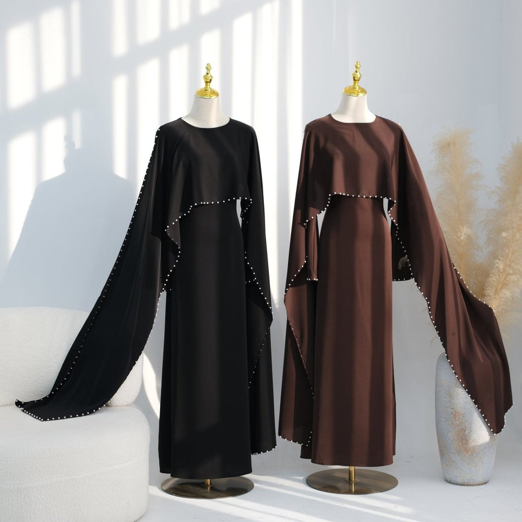 Hand-Beaded Pearl Cape Sleeve Nida Maxi Dress(MS439)