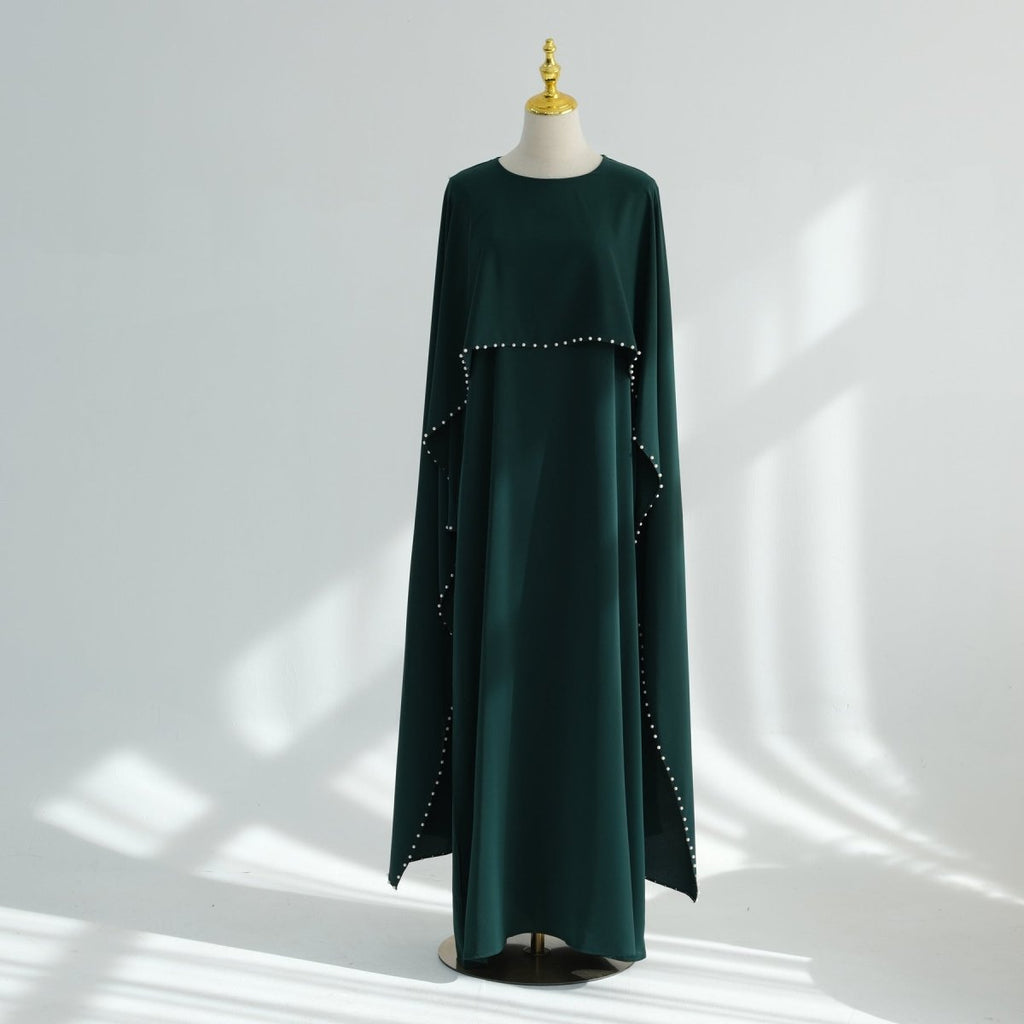 Hand-Beaded Pearl Cape Sleeve Nida Maxi Dress(MS439)