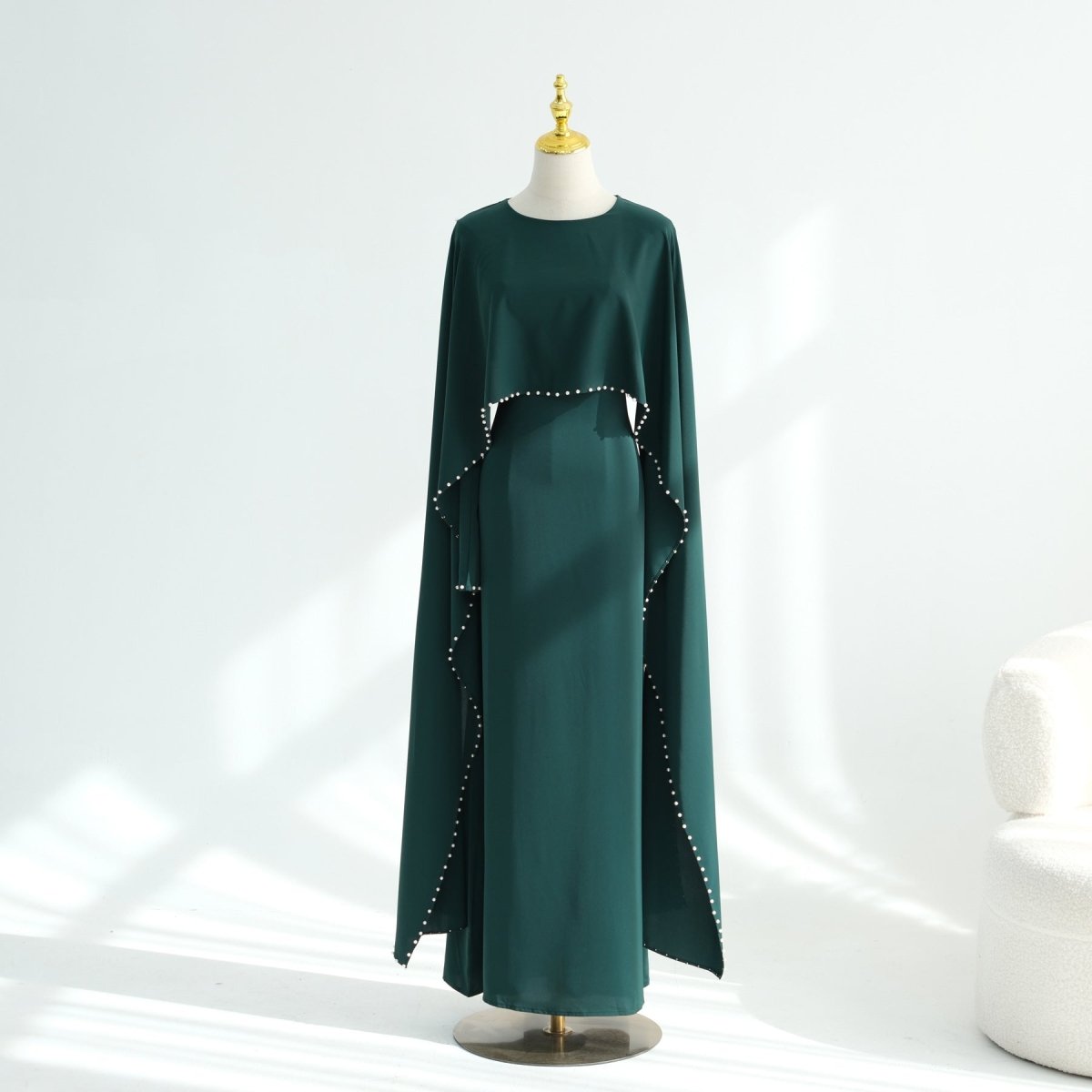 Hand-Beaded Pearl Cape Sleeve Nida Maxi Dress(MS439)