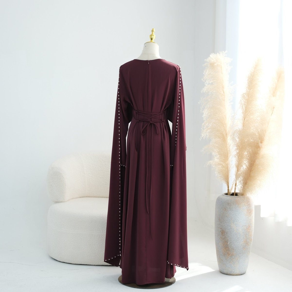 Hand-Beaded Pearl Cape Sleeve Nida Maxi Dress(MS439)