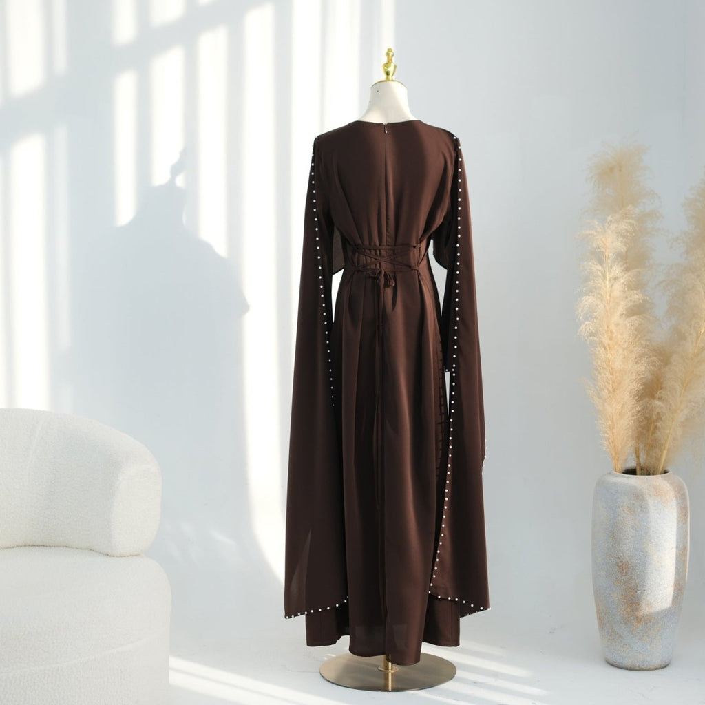 Hand-Beaded Pearl Cape Sleeve Nida Maxi Dress(MS439)