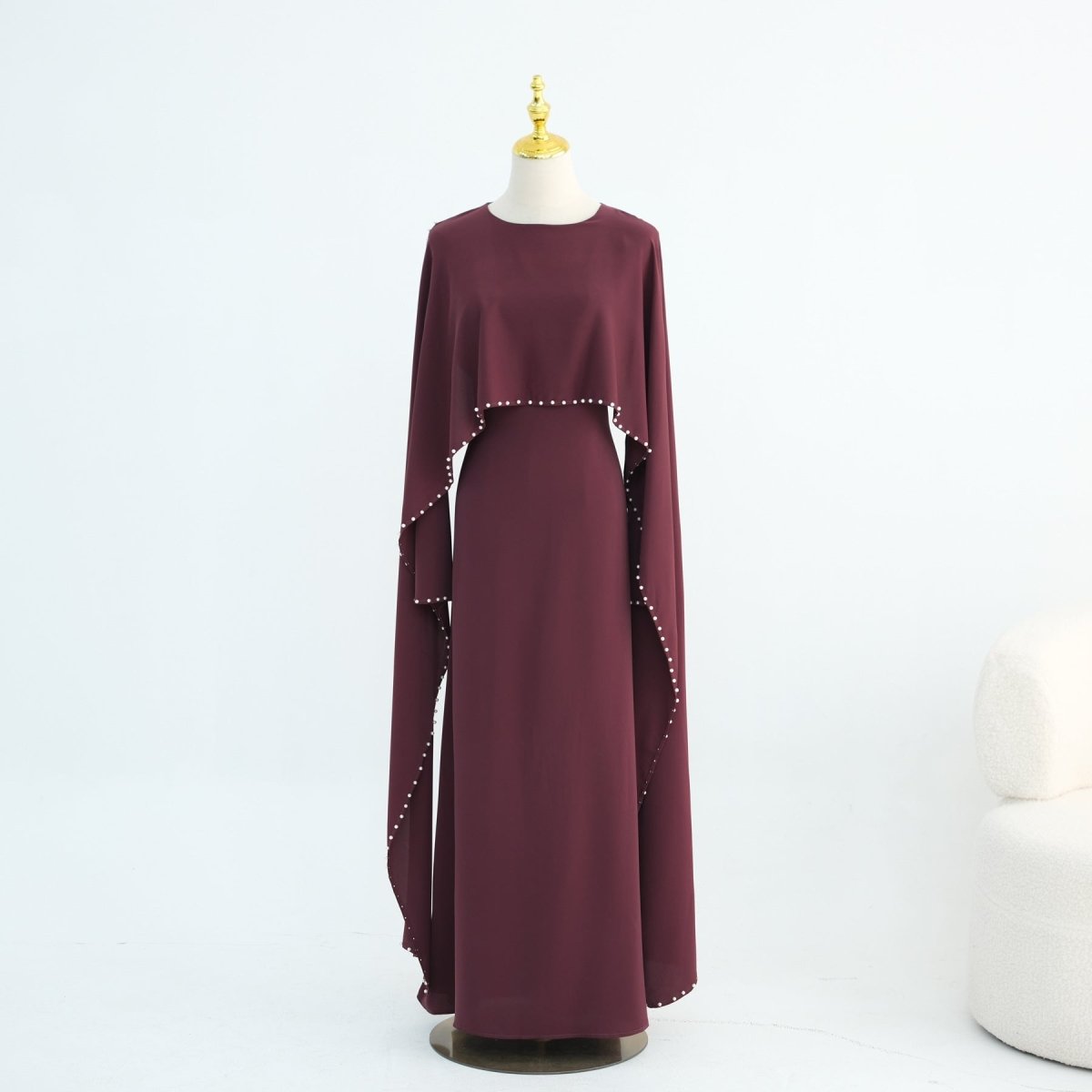 Hand-Beaded Pearl Cape Sleeve Nida Maxi Dress(MS439)
