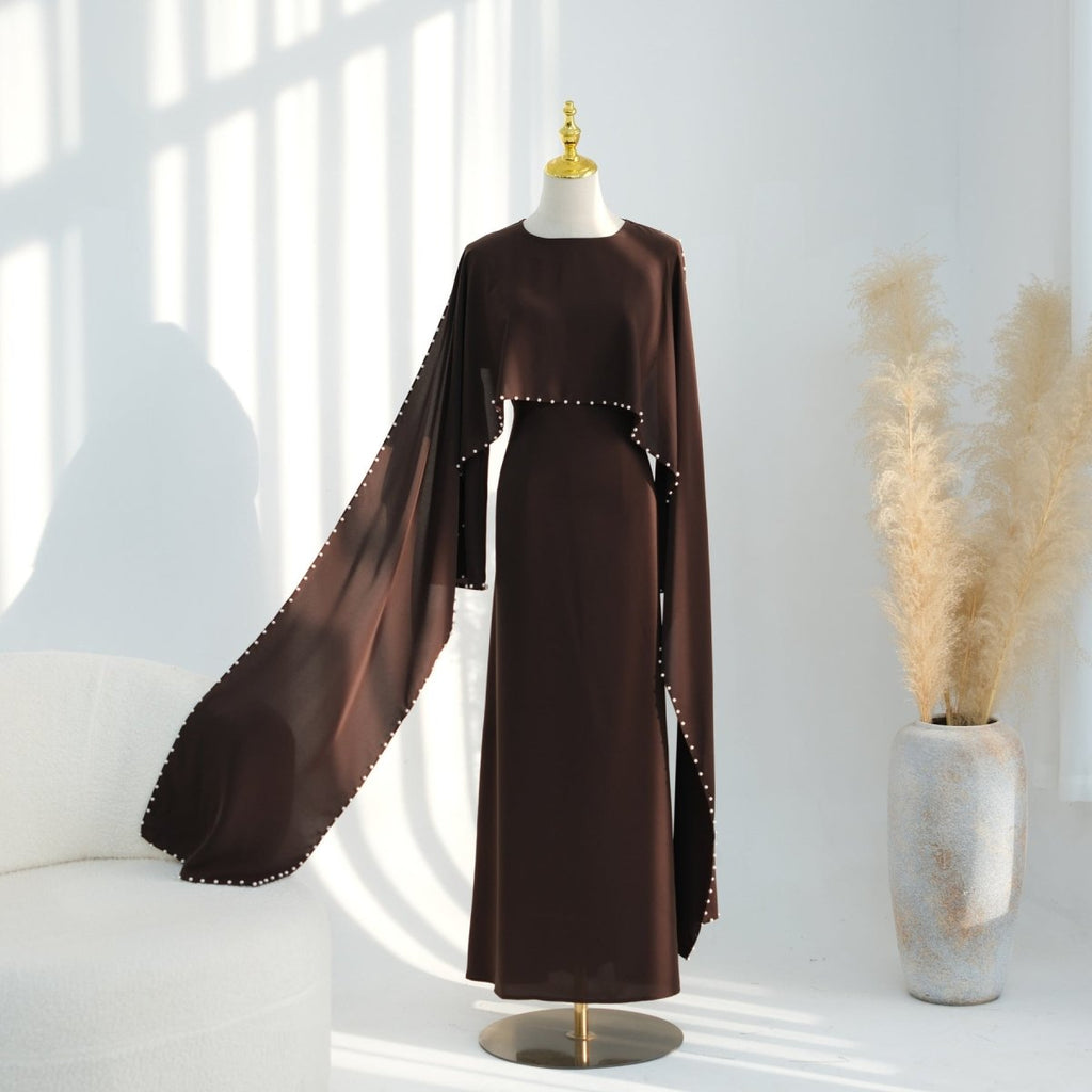 Hand-Beaded Pearl Cape Sleeve Nida Maxi Dress(MS439)