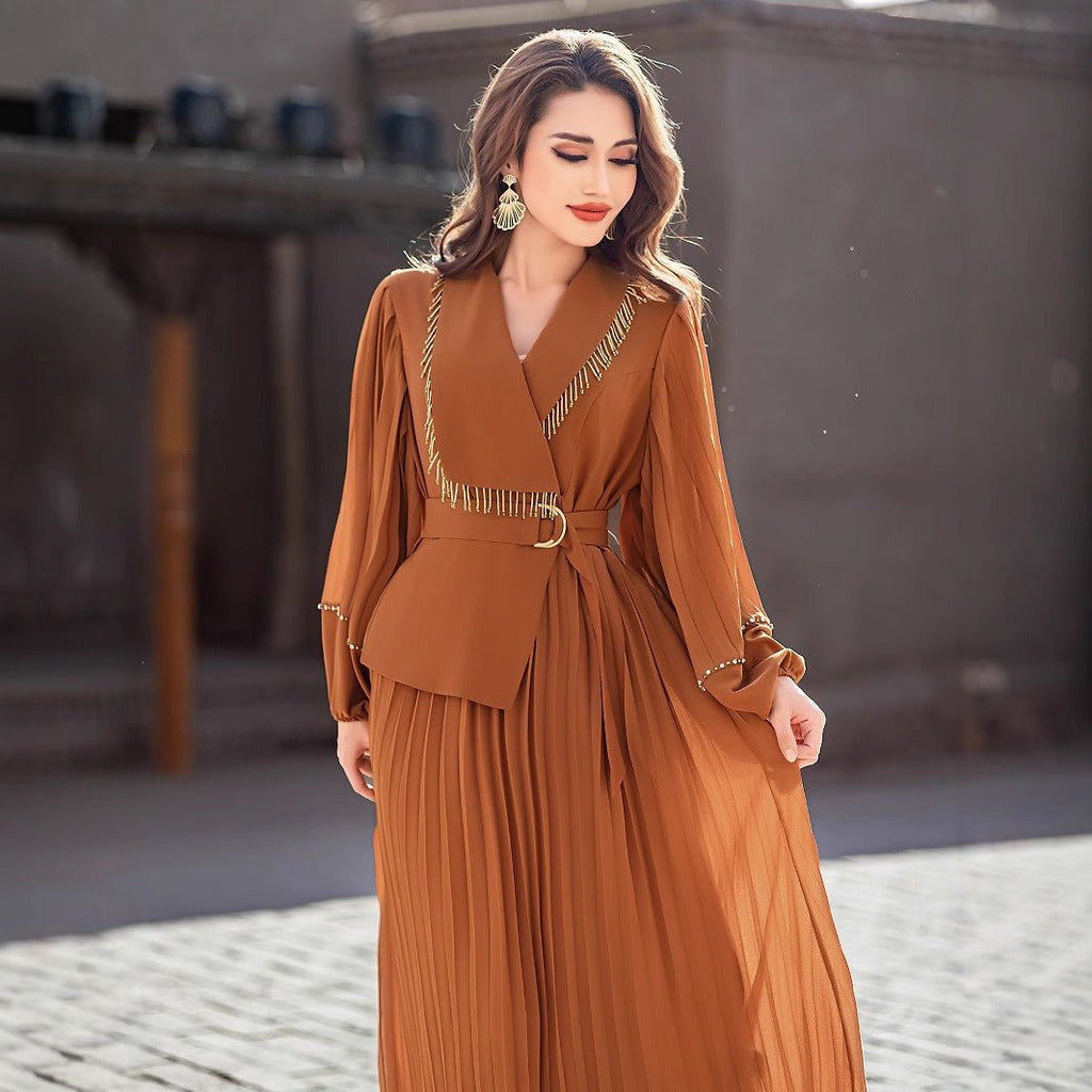 Hand-Beaded V-Neck Pleated Maxi Dress | Bubble Sleeve Crystal Embellished Gown(MS212)