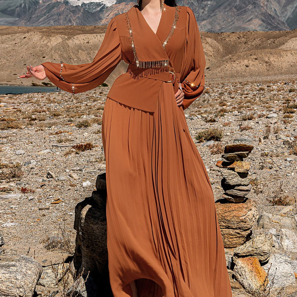 Hand-Beaded V-Neck Pleated Maxi Dress | Bubble Sleeve Crystal Embellished Gown(MS212)
