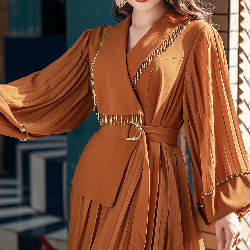 Hand-Beaded V-Neck Pleated Maxi Dress | Bubble Sleeve Crystal Embellished Gown(MS212)