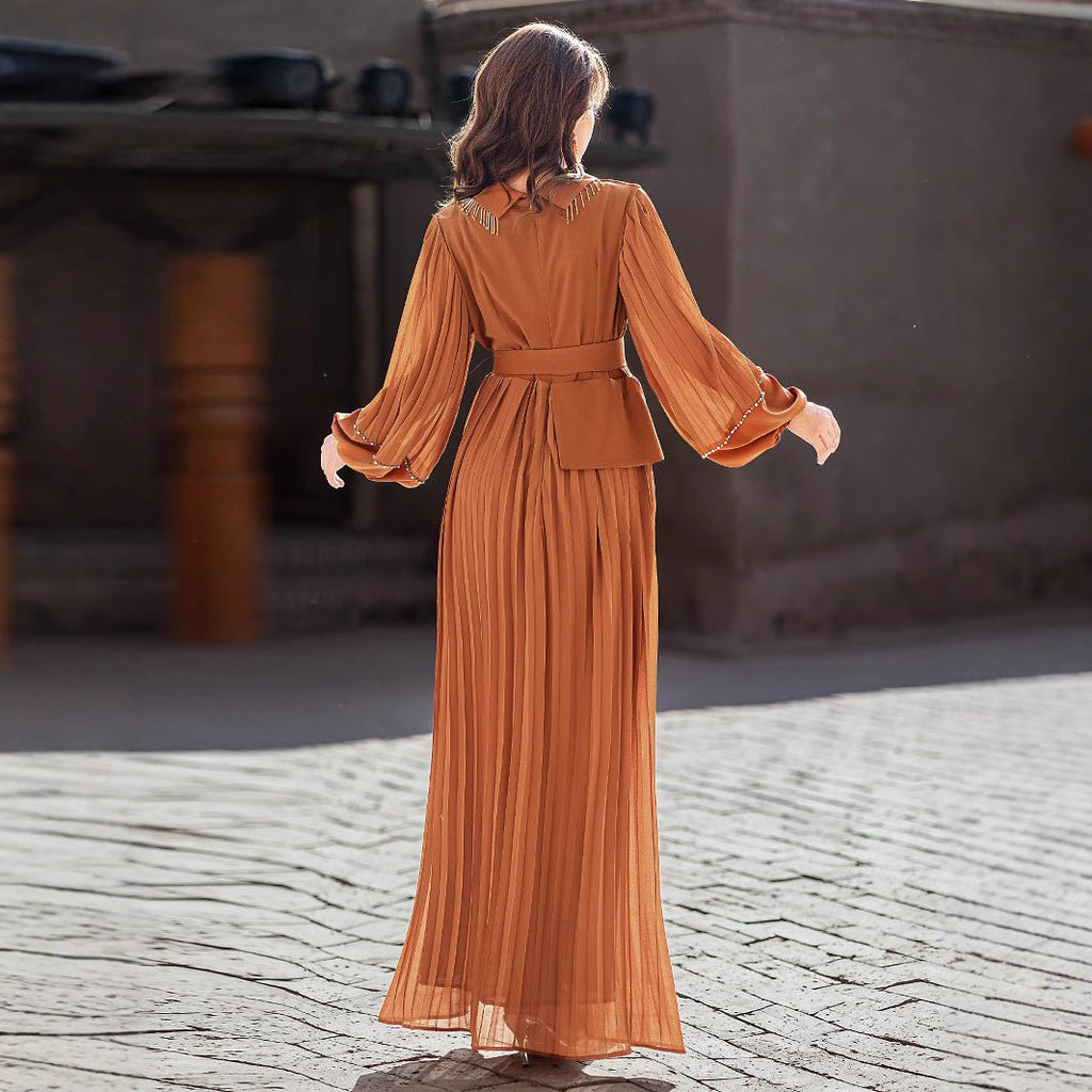 Hand-Beaded V-Neck Pleated Maxi Dress | Bubble Sleeve Crystal Embellished Gown(MS212)