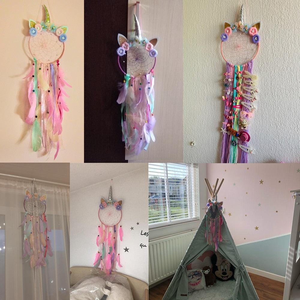 Handmade  Dream Catchers Flower For Kids Unicorn Dream Catcher Ornament  Feather Wall Decor For Girls Bedroom Flower Wall Hanging Decoration Flower Dream Catcher