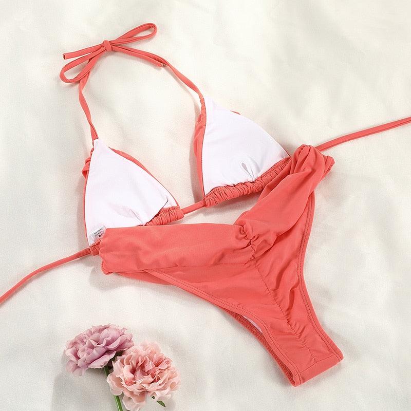 Handwork Bikinis Small Ruffle Swimsuit Vintage Print Swimwear Women Bathing Suit Leopard Patchwork Bikini Set String