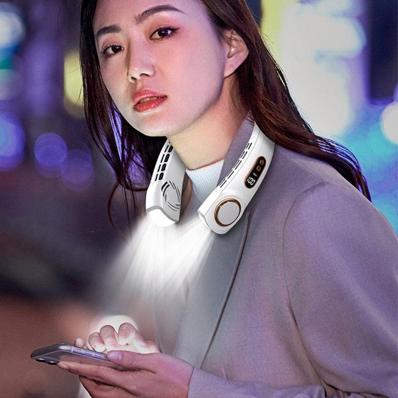 Hanging Neck Fan Ice Magnet Cooling Portable Neck Fan Type-C Mute Multifunctional Leafless Electric Fan With Light Rechargeable Hands Free Bladeless Fan 5 Speeds Operated Wearable Personal Fan