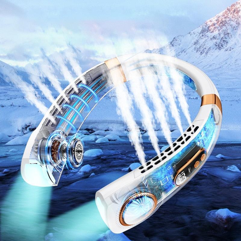 Hanging Neck Fan Ice Magnet Cooling Portable Neck Fan Type-C Mute Multifunctional Leafless Electric Fan With Light Rechargeable Hands Free Bladeless Fan 5 Speeds Operated Wearable Personal Fan