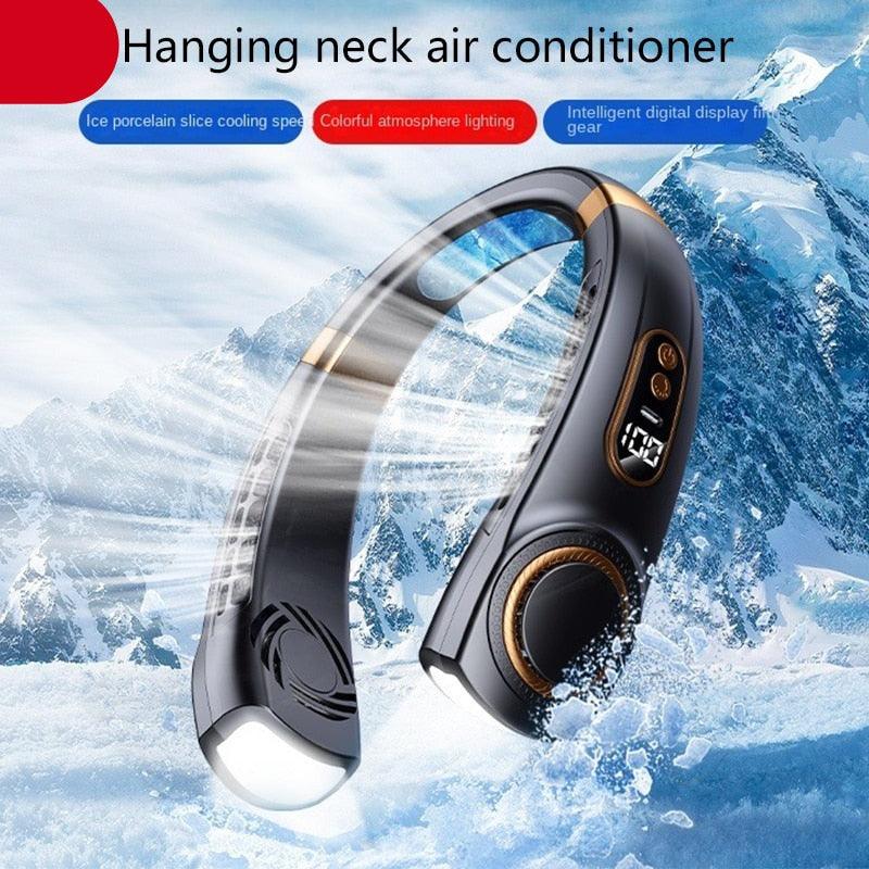 Hanging Neck Fan Ice Magnet Cooling Portable Neck Fan Type-C Mute Multifunctional Leafless Electric Fan With Light Rechargeable Hands Free Bladeless Fan 5 Speeds Operated Wearable Personal Fan